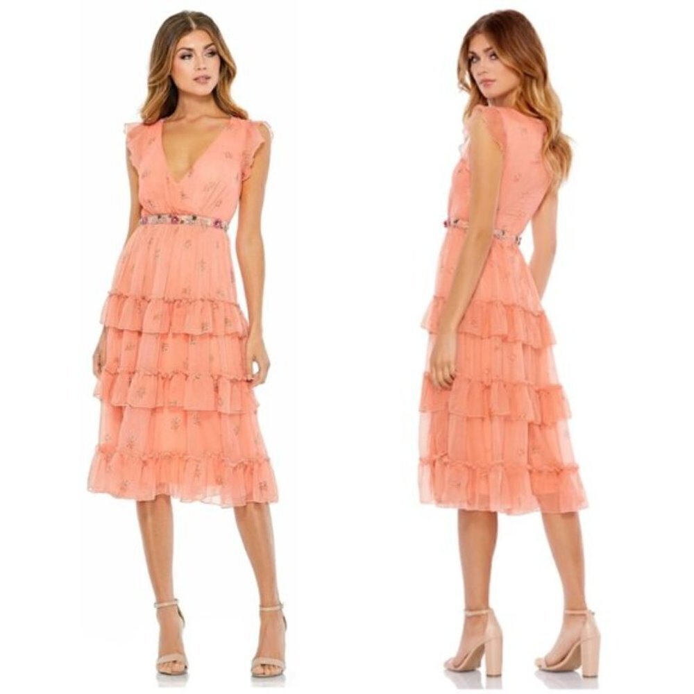 MAC DUGGAL Tiered Ruffle Chiffon Midi Dress in Apricot Size US 6
